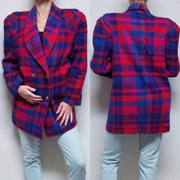 VINTAGE 1970s Dani Colby Pink Blue Plaid Recycled Wool Pleat Shoulder Jacket 18W - Picture 1 of 16